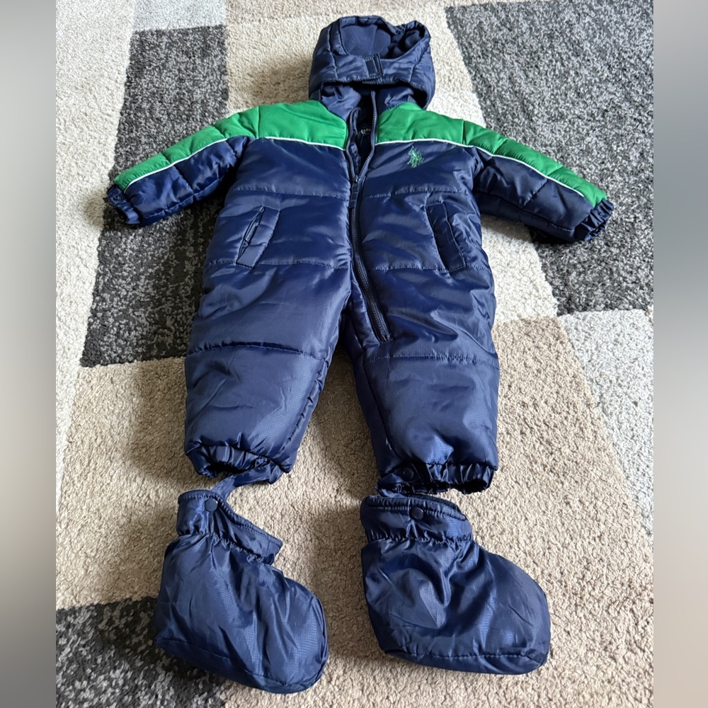 Ralph Lauren Navy & Green Infant Puffer Snowsuit with Hood
